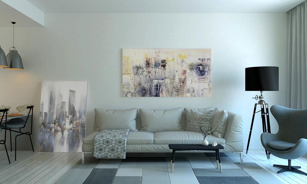 Clean living room with organized shelves and minimal clutter